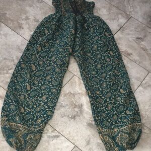 MADE IN NEPAL SOFT WOOL STRETCHY WAIST Boho Teal Paisley Women's Harem Pants